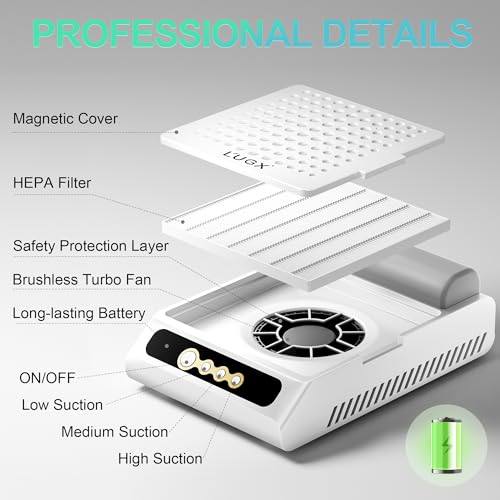 L'UGX Rechargeable Nail Dust Collector, Professional Brushless Turbo Dust Collector Nail Tech, Powerful Dust Suction Machine Manicure Pedicure Tool for Acrylic Nail Polishing, Low Noise, 2Pcs Filters