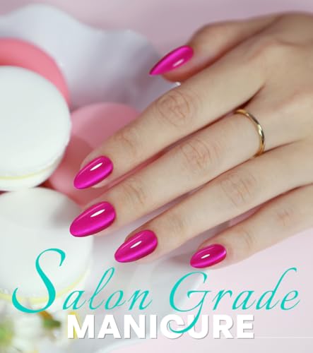 Hot Pink Press on Nails Cateye - GJZEZ Soft Gel Cat Eye Stick on Nails, Short Almond Press Ons, Bright Neon Pink Salon Grade Fake Nails | 16 Sizes - 32 pcs Reusable Summer Prom Nails, Rose Bonbon