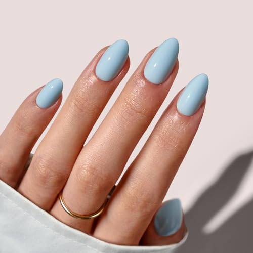 BTArtbox Press On Nails Short - Pastel Light Blue Almond Summer Press On Nails with Glue for Women, Opaque Soft Gel Glue On Nails in 16 Sizes - 32 Stick On Nails Kit, Sky Dash