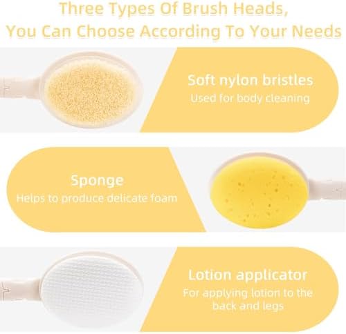 LFJ 19" Long Handle Shower Sponge Brush Set, 3 in 1 Body Brush, Bath Sponge and Lotion Applicator Improved Skin Health, Suitable for Men and Women (White Brush-2P)