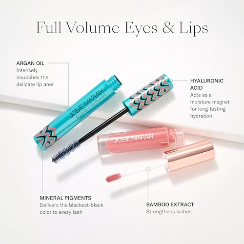 Josie Maran Eye Love Lip Gloss & Mascara Gift Set - Lip Plumper Infused with Argan Oil, Hyaluronic Acid for Sheer, Radiant Color & Lengthening Black Mascara - Vegan Makeup (2 Count)