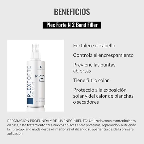 Lendan - Damaged Hair Repair Treatment - Plex Forte Nº2 Bond Filler - 200 ml - Strengthens Hair - Nourishes and Repairs Damaged Hair - Preserves Color Longer - Heat Protector
