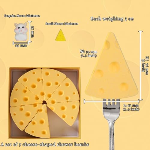 Cheese Bath Bombs Set - 7 Unique Cheese-Shaped & Milky Scented Shower Bomb with Surprise Mouse Miniature, Fun & Fancy Bathbombs, Ideal Cheesy Gift for Cheese & Bath Lovers