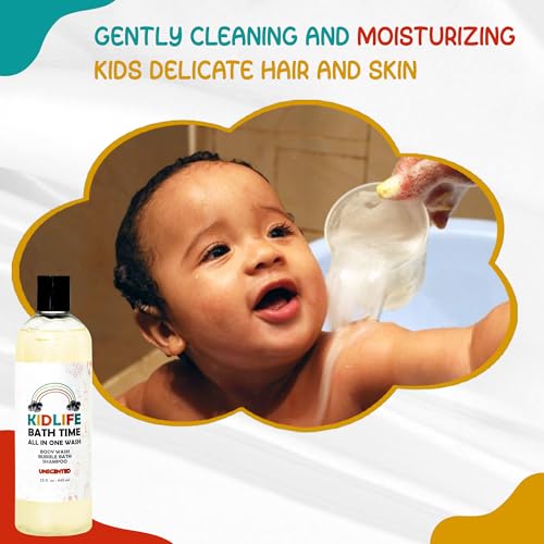 Kidlife Natural Bath Time 3 In 1 Shea & Organic Aloe Body Wash- No Phenoxyethanol Unscented 15 Oz. Kids Head to Toe All in one Bath and body Soap. Bubble Bath, Bodywash and Shampoo by KJ3 Essentials