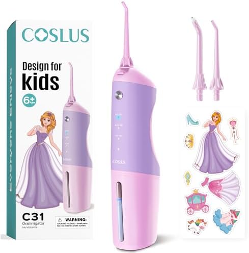 COSLUS Kids Water Dental Flosser Deep Cleaning Picks Portable 4 Modes for Ages 6+ Safe Waterproof Rechargeable with 2 Jet Tips for Gums Care Pink Purple