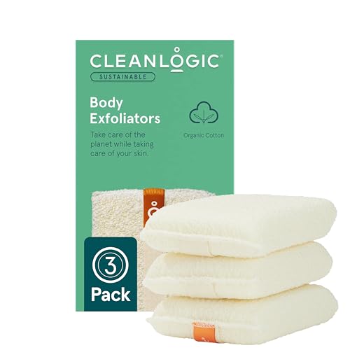 Cleanlogic Organic Cotton Exfoliating Body Scrubber, Reusable Exfoliator Tool for Smooth and Softer Skin, Daily Skincare Routine, Natural, 3 Count Value Pack