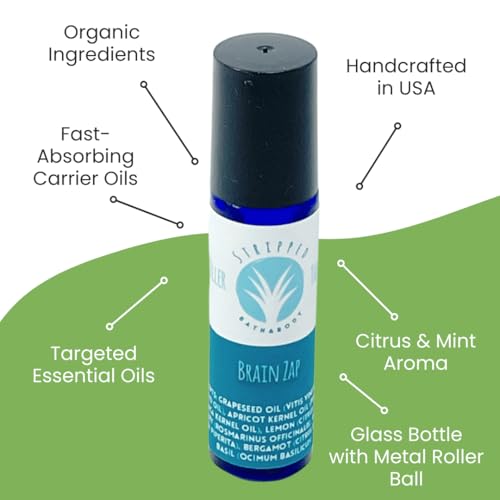 BRAIN ZAP Aromatherapy Roll On (12ml) for Energy, Focus, Mental Clarity, and Inspiration |Mood Lifting Citrus, Mint and Herbal Fragrance |Natural Study Aid | Birthday Gift | Wellness Stocking Stuffer