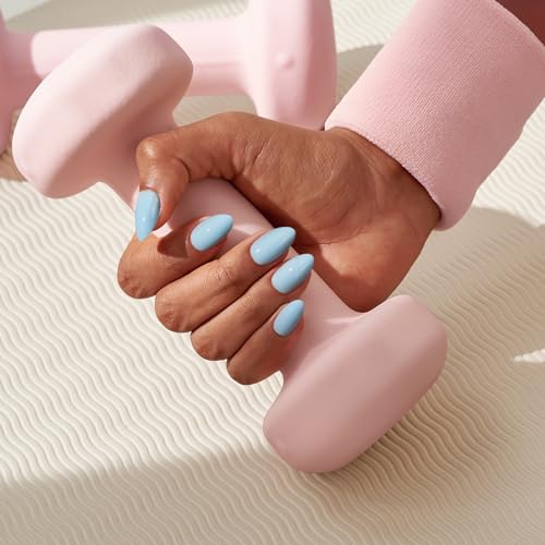 BTArtbox Press On Nails Short - Pastel Light Blue Almond Summer Press On Nails with Glue for Women, Opaque Soft Gel Glue On Nails in 16 Sizes - 32 Stick On Nails Kit, Sky Dash