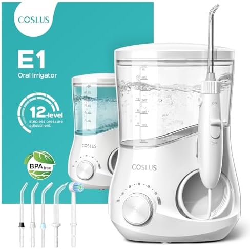 COSLUS Electric Water Flosser for Teeth, Professional Dental Pick for Orthodontic, Sensitive Gums, Braces - 12 Pressure Settings & 5 Multi-Functional Tips for Multiple Users, Home Use, White