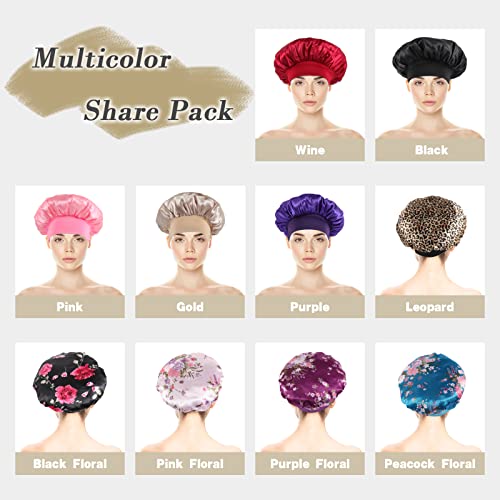 KEPUWAY 10 Pcs Bonnet, Superior Satin Bonnet with Elastic Wide Band, Silk Hair Bonnet for Sleeping Women Men curly Dreadlock Braid Hair (Multicolor Share Pack)