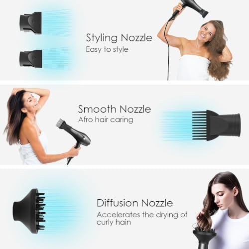 Ionic Salon Hair Dryer, Professional Blow Dryer AC Motor Fast Drying with 2 Speed, 3 Heat Setting, Cool Button, with Diffuser, Nozzle, Concentrator Comb for Curly & Straight Hair-Black