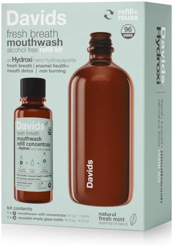 Davids Hydroxi Fresh Breath Mouthwash Starter Kit, Alcohol-Free, Fluoride-Free, Nano-Hydroxyapatite for Remineralizing & Enamel Health, Relieves Dry Mouth, Fresh Mint, 16 fl oz