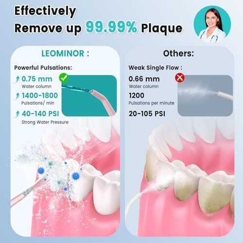 Leominor Water Dental Flosser Pick for Teeth, 300ML Portable Oral Irrigator Upgraded Tank Removable,IPX7 Waterproof, Rechargeable Travel Teeth Cleaner, Professional Electric Flossing (Pink)