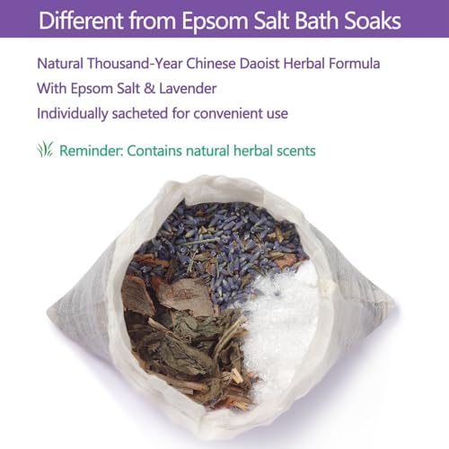 Chinese Herbal Bath Soak with Epsom Salt & Lavender, for Soothing Relief, Energy Rebalance & Stress Detox, Better Sleep– 5 Sachets (3.5 oz Each)