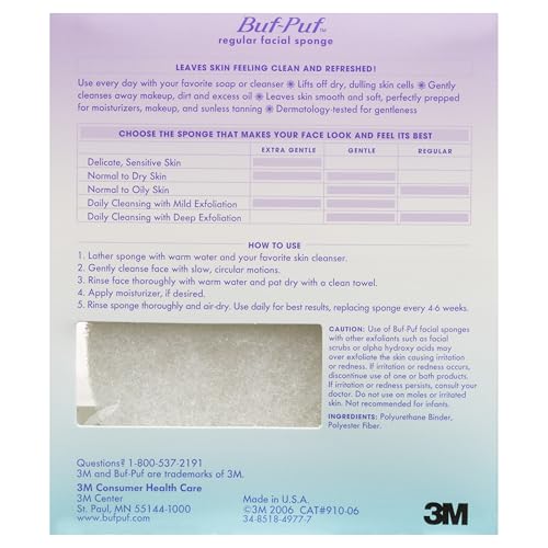 Buf-Puf Facial Sponge, Dermatologist Developed, Removes Deep Down Dirt & Makeup That Causes Breakouts and Blackheads, Reusable, Exfoliating, White, 5 Count