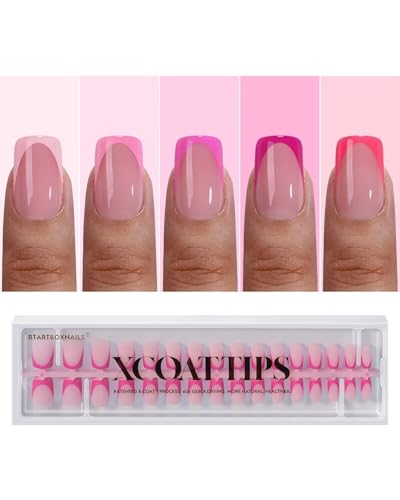 BTArtboxnails XCOATTIPS Pink French Tip Press On Nails - Short Press On Nails Square, Soft Gel Nail Tips, 160Pcs Soak Off Acrylic Pink Fake Nail Extension in 16 Sizes
