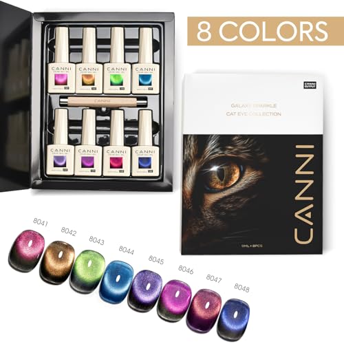 CANNI 8 Pcs 9 ML Cat Eye Gel Nail Polish Set, Red Purple Pink Blue Green Glitter Rainbow Holographic Cat Eye Gel Polish Kit with Magnet Colors Nail Art Manicure Salon DIY Gifts