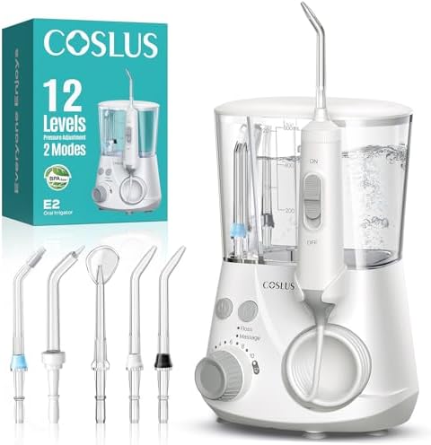 COSLUS Professional Water Flosser for Teeth: 2 Modes & 12 Pressure Settings Electric Dental Pick for Orthodontic, Braces, Sensitive Gums - Home Use, 5 Jet Tips for Multiple Users, Family, White, E2