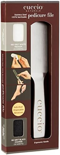Cuccio Naturale Reusable Stainless Steel Pedicure File Kit – Includes 15 Black 80 Grit and 15 White 180 Grit Disposable Abrasive Refills – 100% Sanitizable with Ergonomic Handle