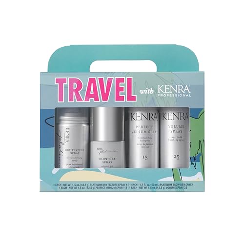 Kenra Professional Travel Kit | Includes Volume, Blow-Dry, Dry Texture & Perfect Medium Hair Spray | Adds Shine, Body, Protects, Smooths | 4 pc Haircare Set