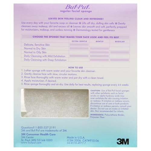 Buf-Puf Facial Sponge, Dermatologist Developed, Removes Deep Down Dirt & Makeup That Causes Breakouts and Blackheads, Reusable, Exfoliating, White, 3 Count
