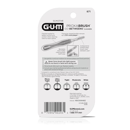 GUM Proxabrush Go-Betweens - Ultra Tight- Interdental Brushes - Soft Bristled Dental Picks for Plaque Removal Health - Safe for Braces & Dental Devices, 10 Count (Pack of 4)
