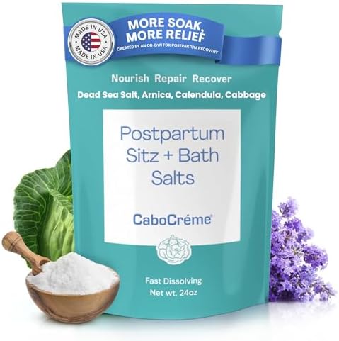 CaboCréme Postpartum Sitz + Bath Salts – 24oz – Postpartum Bath Soak for Perineal Care, Healing Tears, Swelling & Hemorrhoids – Dead Sea Salt with Magnesium, Arnica, Calendula + Cabbage Extract