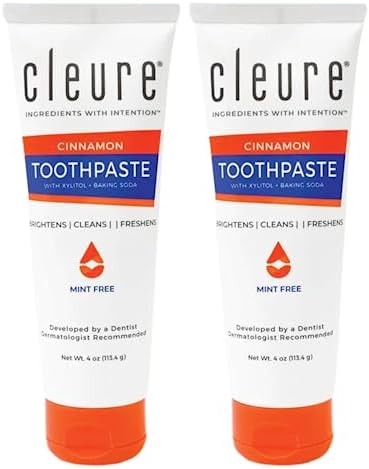 Cleure Cinnamon No Fluoride Toothpaste - SLS Free, Mint Free - with Xylitol for Fresh Breath & Helps Whiten - for Kids & Adults - Cinnamon Flavored (4oz Tube, Pack of 2)