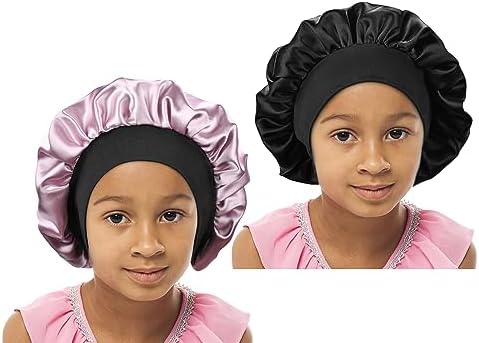 Kids Satin Bonnet Double Layer Wide Elastic Band Sleep Cap Hair Bonnet Silky Night Cap for Toddler Child