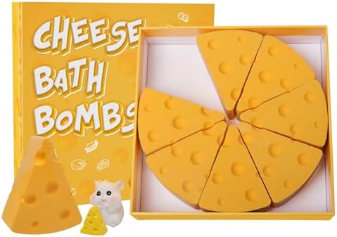 Cheese Bath Bombs Set - 7 Unique Cheese-Shaped & Milky Scented Shower Bomb with Surprise Mouse Miniature, Fun & Fancy Bathbombs, Ideal Cheesy Gift for Cheese & Bath Lovers