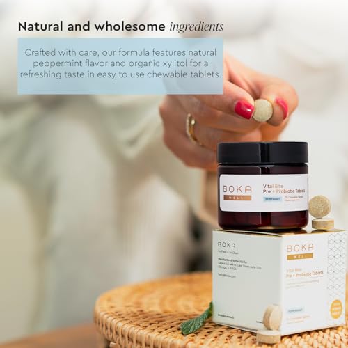 Boka Vital Bite Oral Pre + Probiotics - Sugar-Free Nut-Free Chewable Dental Probiotics for Teeth and Gums with BLIS K12, Vitamin D3 K2 for Men Women, Freshens Breath - Peppermint, 30 ct