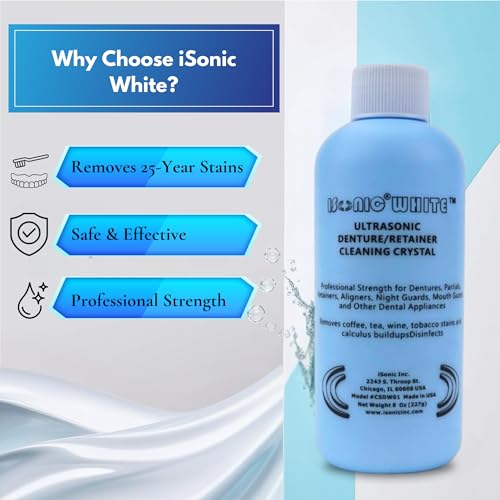 iSonic White CSDW01 Denture/Retainer Cleaning Crystal to Remove Stains, Buildups for all dental/sleep apnea/clear appliances, 8OZ bottle
