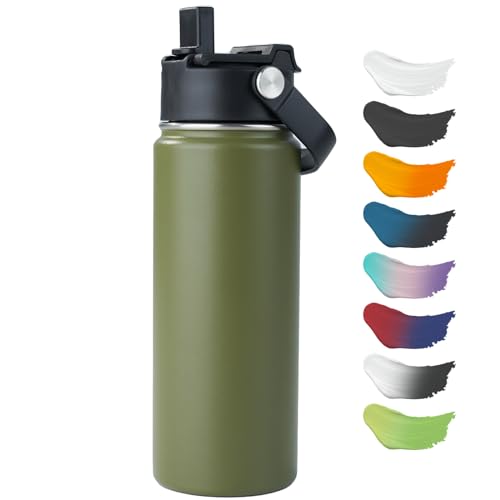 Kerilyn Stainless Steel Insulated Water Bottle, 18oz Double Wall Vacuum Insulated Water Bottle Leak Proof with Silicone Straw, Wide Mouth Lid, BPA Free, Keep Cold and Hot, 18oz, Army Green