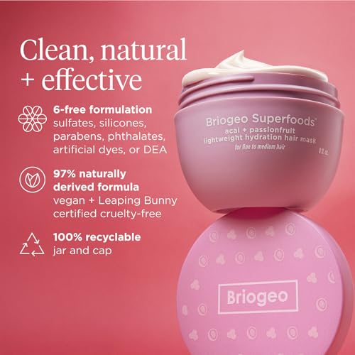 Briogeo Superfoods Acai + Passionfruit Lightweight Hydration Hair Mask – Deep Conditioner for Fine Hair, Boosts Shine & Softness, Weightless Moisture, Vegan & Cruelty-Free