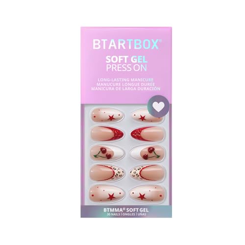 BTArtbox Press On Nails Almond - 3D Cherry Medium Red French Tip Press On Nails with Glue for Women, Opaque Soft Gel Glue On Nails in 15 Sizes - 30 Stick On Nails Kit, Pinky Swear