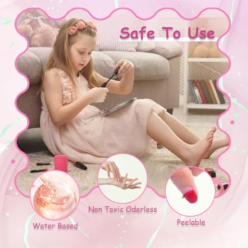 Kids Nail Polish Kit, 12 Color Toddler Nail Polish Set Non Toxic Peel-Off Safe Water Based Low Odor for Girls Ages 5+ for Makeovers and Birthday Gifts Nail Paint Set