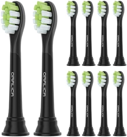 Compatible for Philips Sonicare W DiamondClean Replacement Toothbrush Heads HX6062 HX6063 HX6064, Whitening, Plaque Stain Removal with Medium Bristles and Tongue Cleaner Rubber (Black, 10 Count)