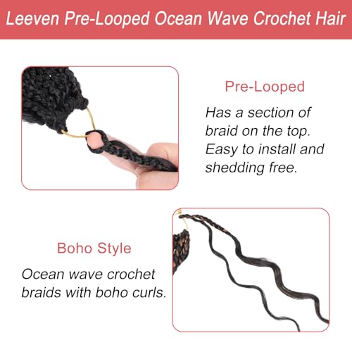 Leeven 14 Inch Pre Looped Ocean Wave Crochet Hair 8 Packs Black Short Curly Crochet Hair Boho Ocean Braids Pre Twisted Synthetic Deep Wavy Crochet Hair for Women