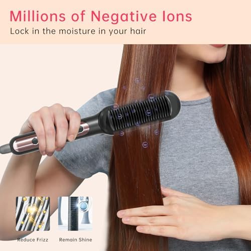 Hair Straightener Brush with 9 Temps - Negative Ionic Straightening Brush for Hare Care, Ceramic Straightener Comb with Anti-Scald Design, 30s Fast Heating & Auto-Off, Dual Voltage