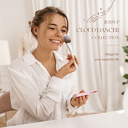 Jessup Makeup Brushes Set 14pcs Highend Makeup Gift Set for Women Include Foundation Concealer Blush Contour Powder Eye Shadow Brush, Makeup Sponge, Makeup Brush Cleaner and Towel, Pearl White T333