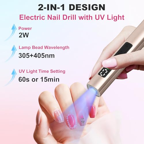 Cordless Electric Nail Drill with UV Light Lamp, 14 in 1 Electric Nail File Drill, 5 Speed LCD Display Rechargeable Professional Manicure Pedicure Kit(Gold) (Gold)
