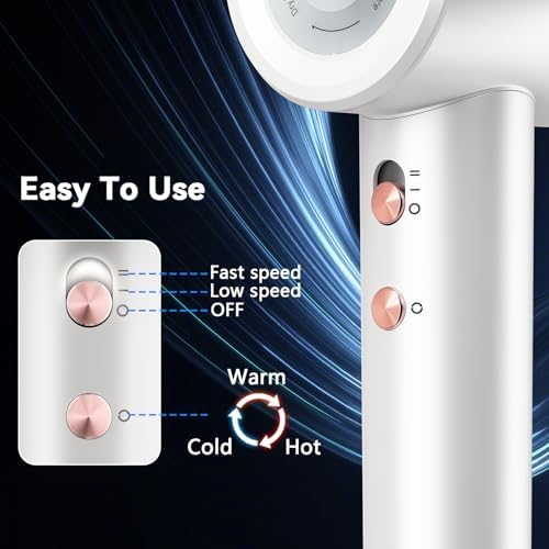 High Speed Hair Blow Dryer｜Professional Salon Grade Air Speed, Negative Ion Hair Care｜Quiet Design｜Suitable for Thick Hair/Styling with Nozzle & Diffuser, Long Motor Lifespan