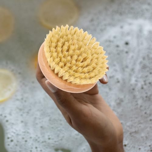 Cleaning Scrubber Body Brush Round Handle Wood Dry Brush Body Exfoliating Brush Back Skin Scrubber Bath Shower Brush for Home Men Bath Shower Body Wash Scrubber