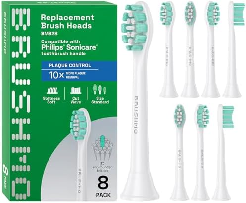 Brushmo Plaque Control Replacement Toothbrush Heads, Compatible with Philips Sonicare Click-on Electric Toothbrush Handles, 8 Standard Replacement Heads, Soft Dupont Bristles, BM928, White