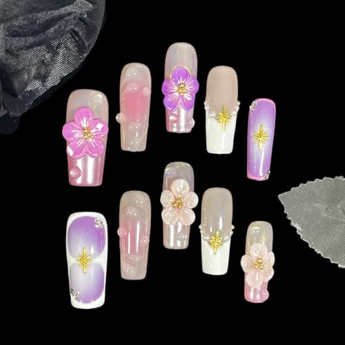 Handmade Press On Nails Medium/Long Square Pink 3D Sakura Design - Reusable French Acrylic Fake Nails with Gold Stars & Pearls, Luxury Cherry Blossom False Nails (Sakura, S)