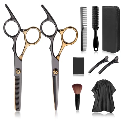 Hair Cutting Scissors Kit, Hair Scissors Professional Haircut Scissor with Stainless Steel Barber Shears, Thinning Shears, Haircut Accessories in Leather Case for Salon/Home- 10PCS Gold Black