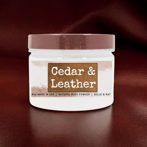 Cedar Leather Scented Body Powder for Men & Women, Perfume Dusting Powder, Bath Powder with Fragrance & Essential Oils, Talc Free 8oz Container, Made in USA
