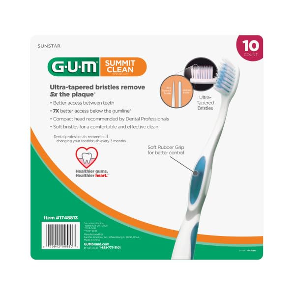 GUM Summit+ Soft Toothbrush, Ultra Fine Tapered Bristles for More Effective Plaque Removal, Extra Soft Toothbrushes for Adults, 10 Count