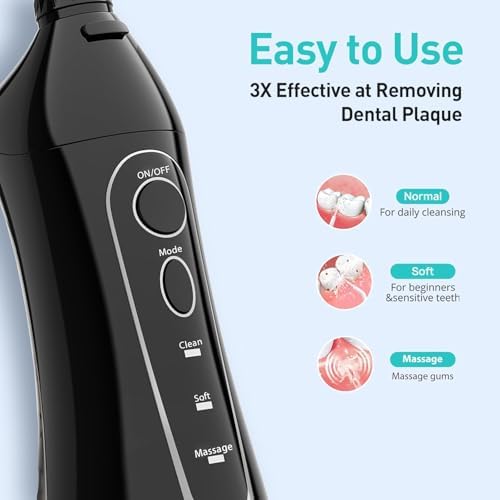 COSLUS Water Flosser Dental Pick: 300ML Oral Irrigator for Teeth Cleaning, Orthodontic, Braces & Sensitive Gums, Cordless Portable for Travel, IPX7 Waterproof, for Adults Teens Family Use, with 4 Tips
