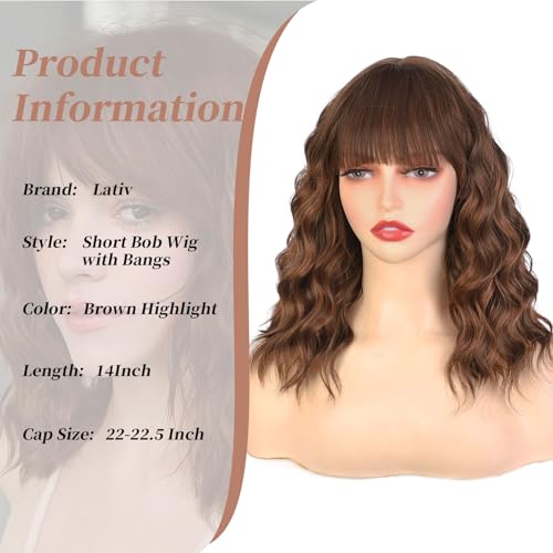 Lativ Brown Highlight Wigs for Women Short Wavy Curly Bob Wig with Bangs Shoulder Length 14 Inches Synthetic Hair for Daily Party Use